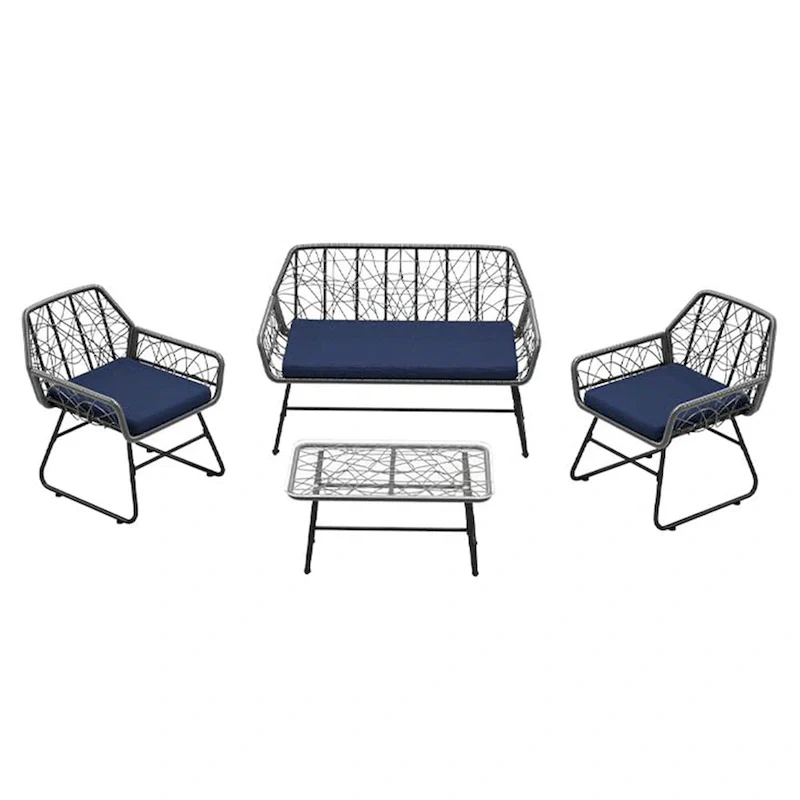 4-Piece Wicker Patio Set with Tempered Glass Table and Detachable Blue Cushions