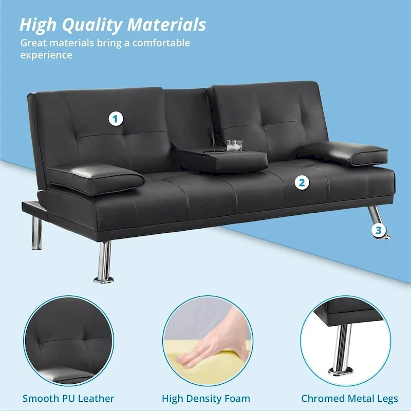 Futon Sofa Bed Couch with Armrest & Cupholders, Faux Leather Sofa Bed Couch Convertible Folding Reclining Small Couch