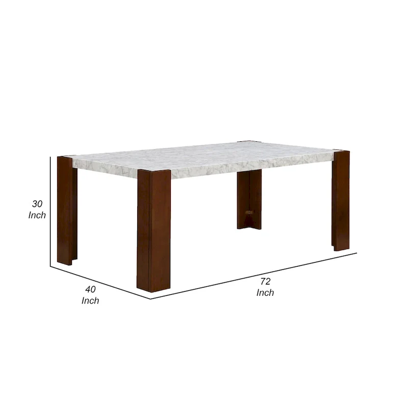 Dining Table, 72 Inch White Rectangular Faux Marble Top, Brown Wood