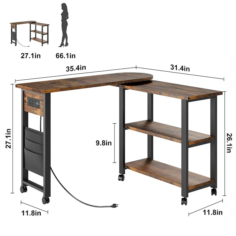 Brown 3-Tier Rotating End Table with Charging Station, for 1 Person