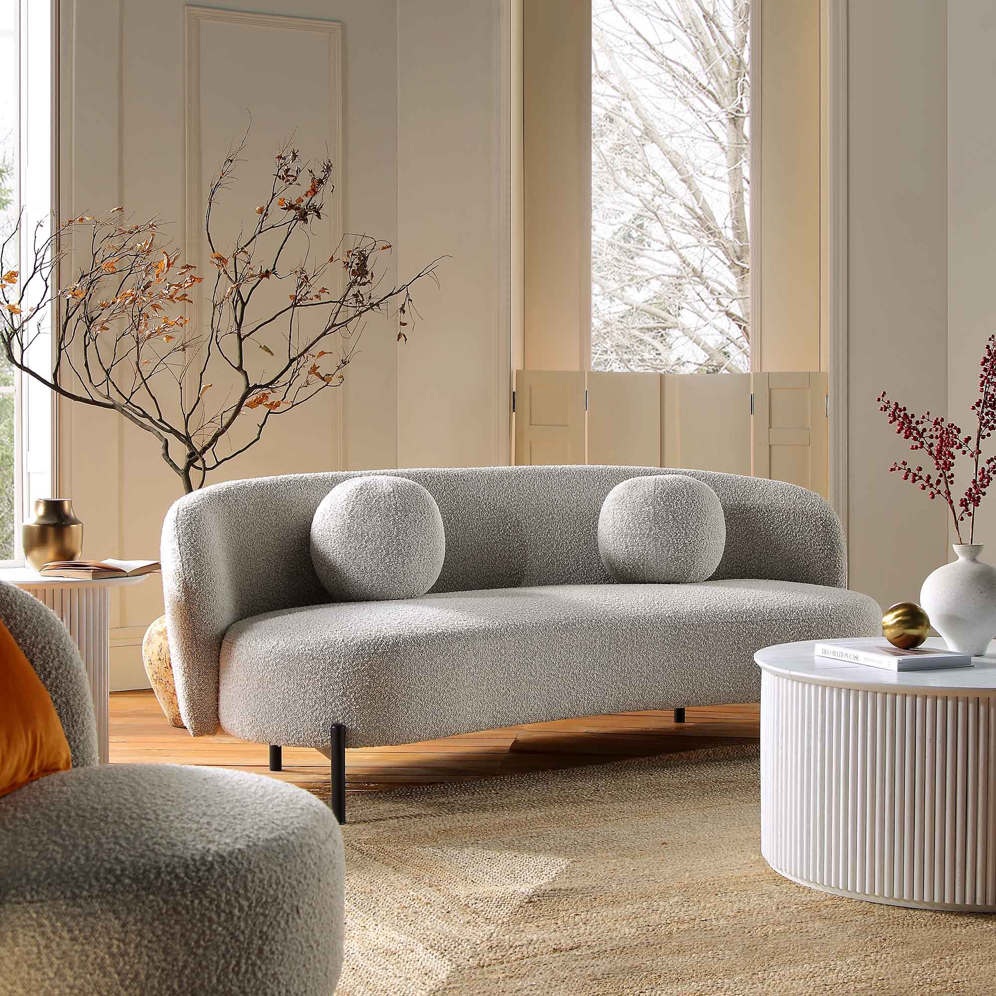 3-Seater Curved Sofa with Ball Cushions, Mist Gray Boucle