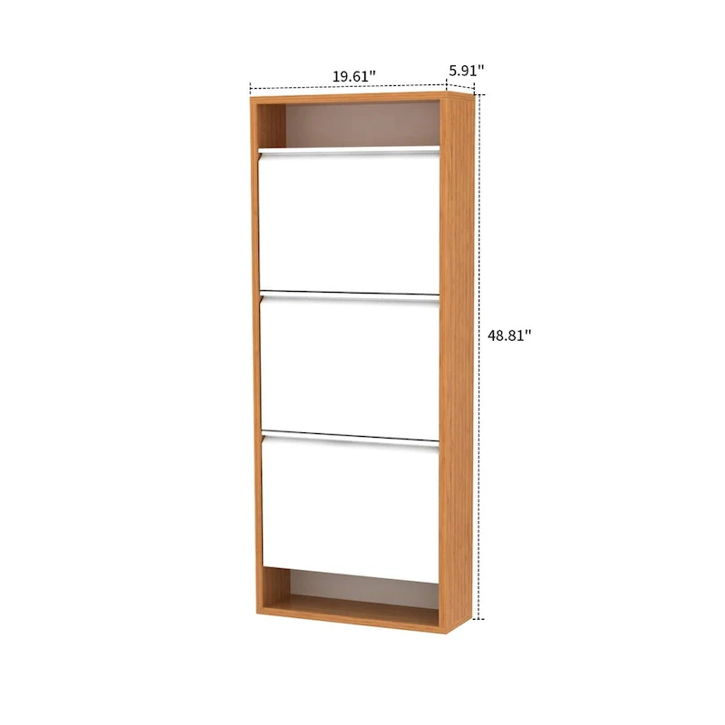 White & Walnut Wood+Metal Farmhouse Shoe Cabinet with 3 Flip Drawers & Open Top Shelf, Holds 6 Pairs
