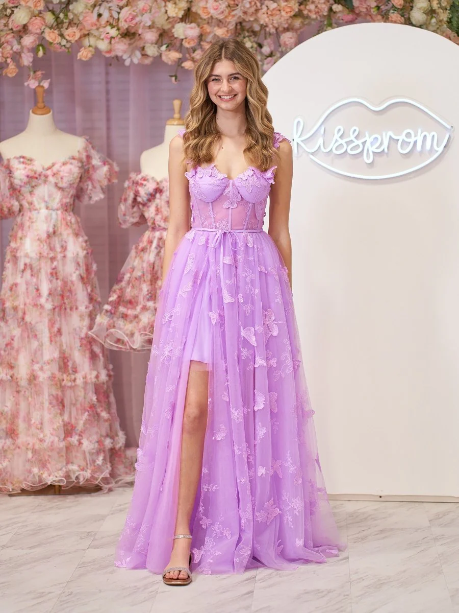 Lilac A-line Butterfly Lace Lilac Corset Prom Dress with Slit