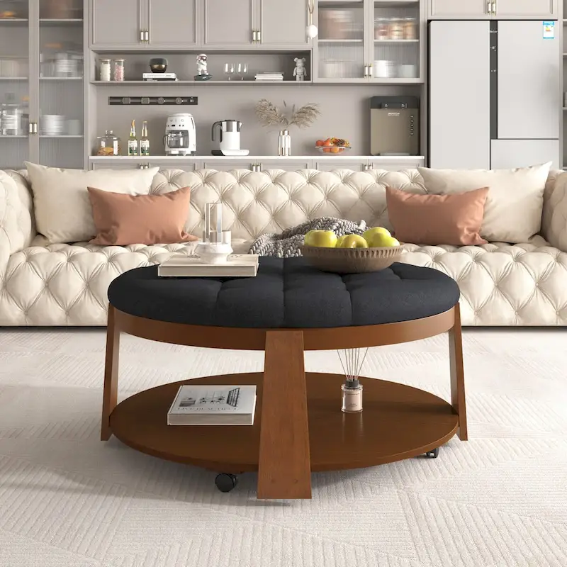 Coffee Table 2-Tier Oversized Button Tufted Ottoman with Wood Shelf Storage Upholstered Coffee Table