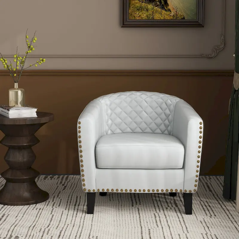 Modern Faux Leather Barrel Accent Chair with Wood Legs