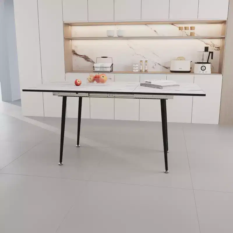 Okak 63IN Expandable Square Kitchen Table for 6 Person, Marble Patterned Dining Table, Folding Table for Dining Room, Living Room, White