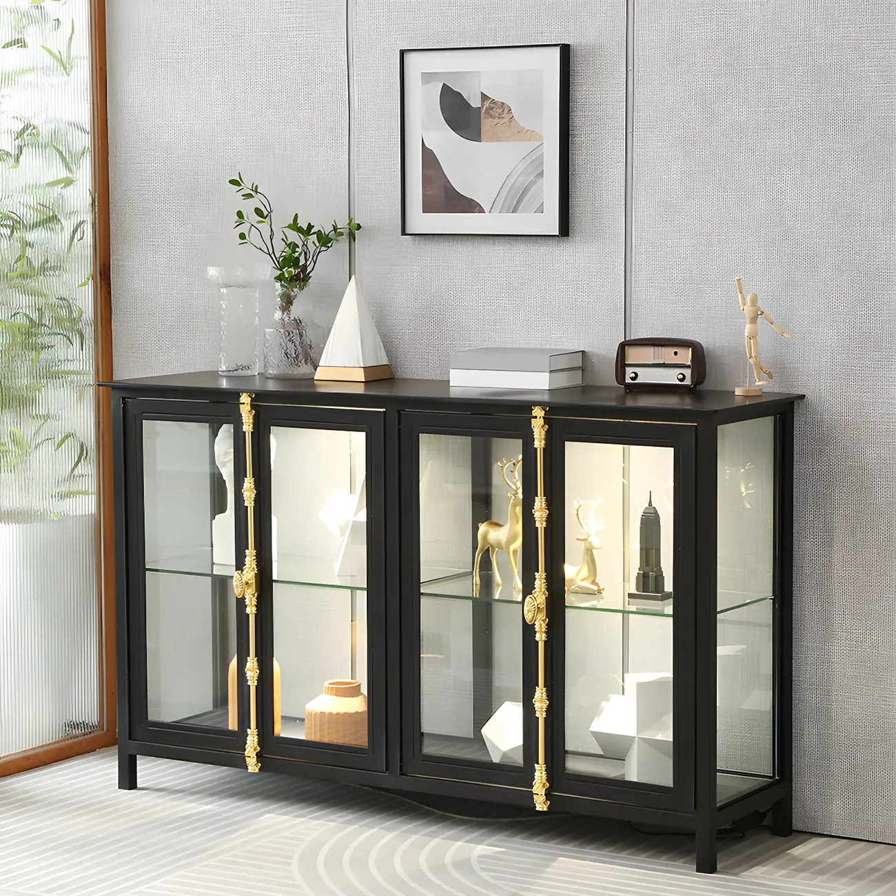 Black Metal Glass Shelves Display Cabinet with Lights