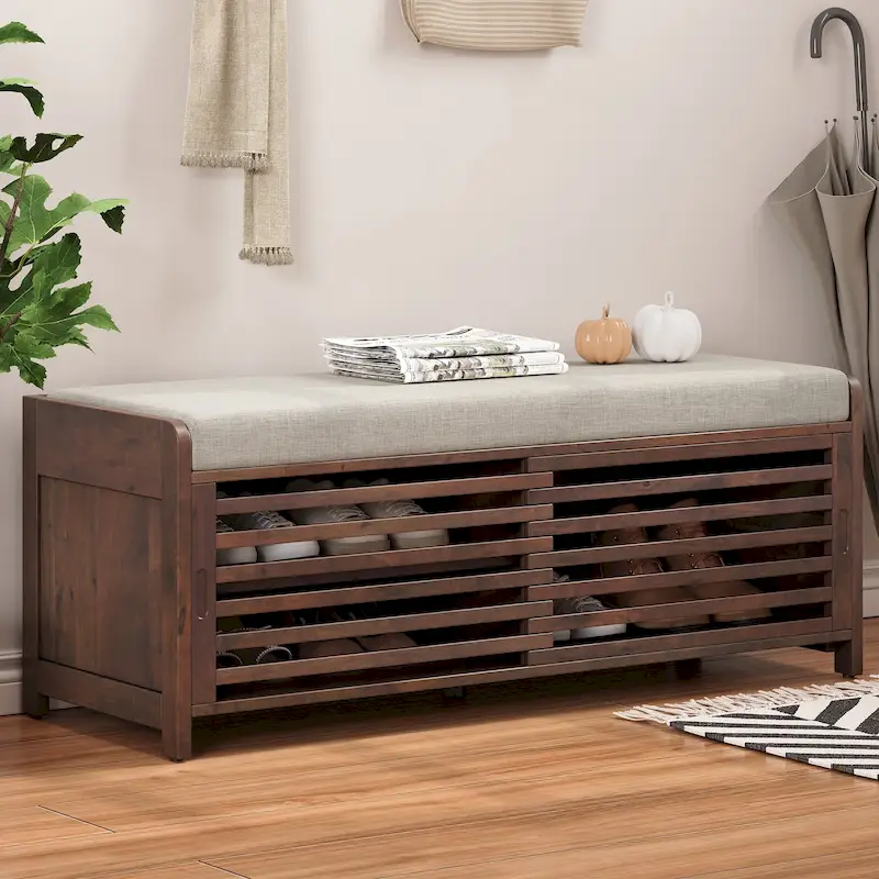 Distressed Shutter Storage Bench with Acacia Veneer for Retro Charm for Living Room, Entryway