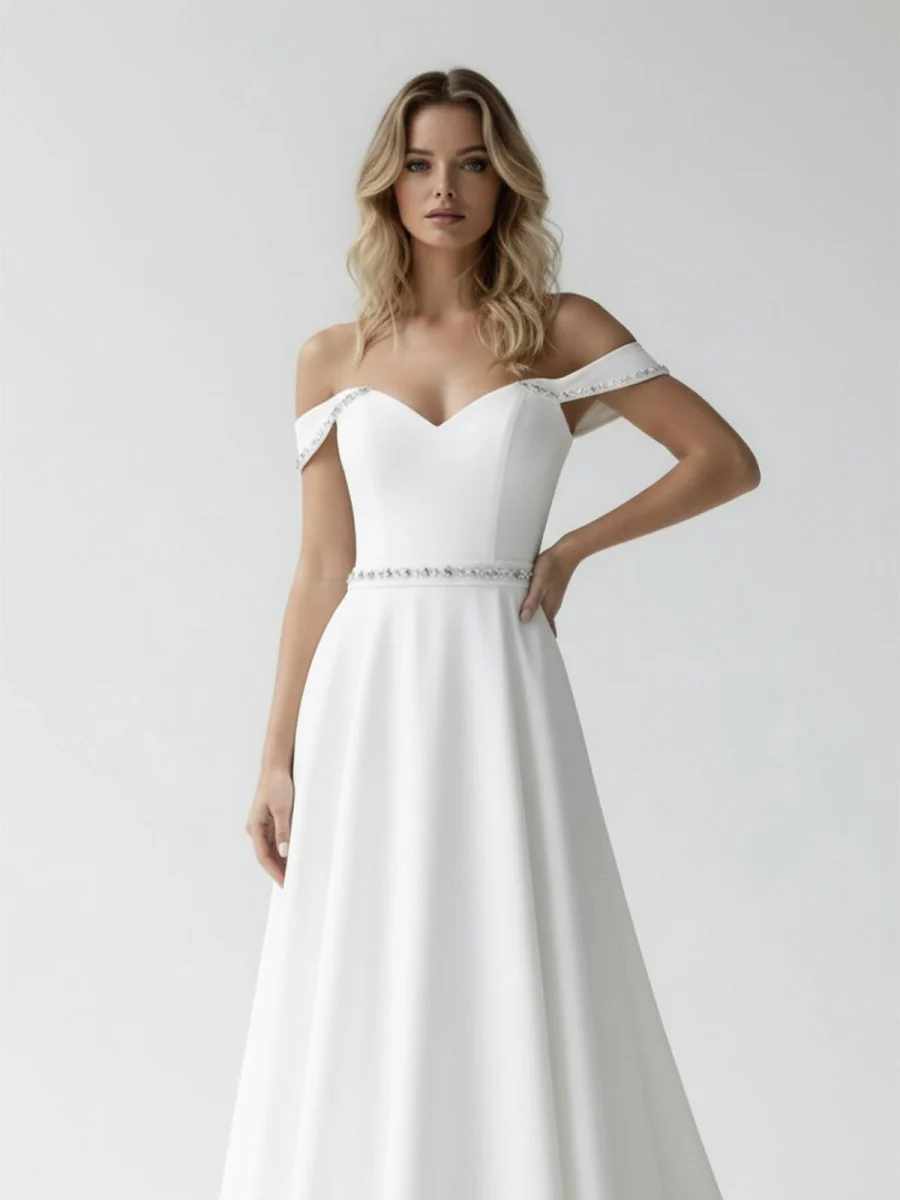 A-Line Off the Shoulder Beaded Wedding Dress
