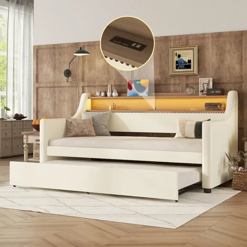 White Twin PU Leather Daybed with Trundle, LED Lights & Charging Station - Fits 2 People