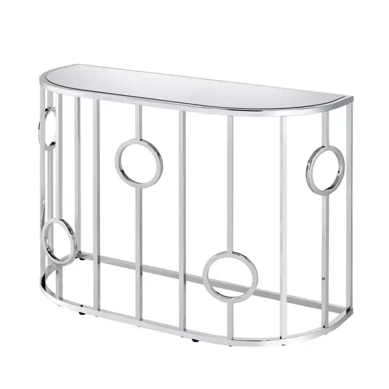 HOMES: Inside + Out Oakmonte Mirrored Semi Circle Sofa Table Chrome: Luxury Glam Style, Tempered Glass Top, Steel Frame
