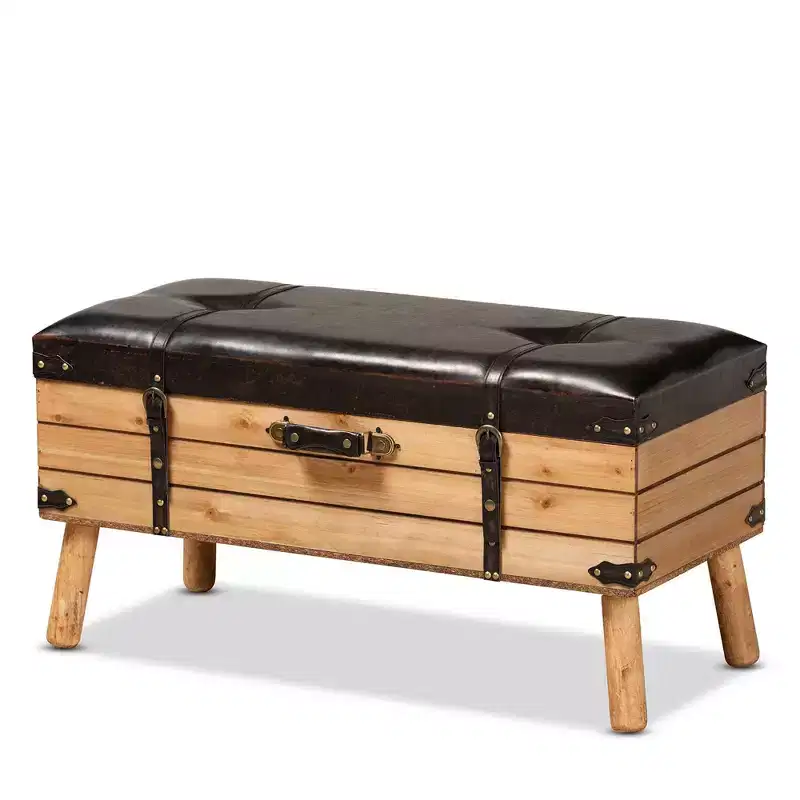Amena Wood Large Storage Ottoman Dark Brown/Oak - Baxton Studio: Upholstered Bench with Polyester Fabric