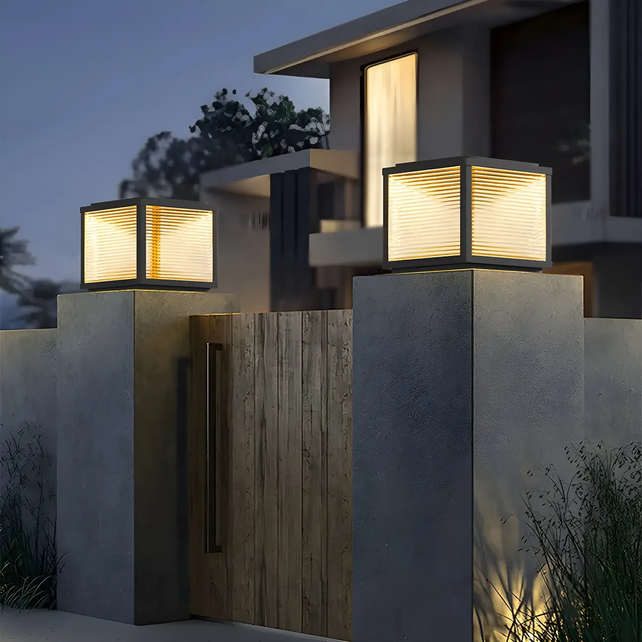 Modern Black Strip Cube Solar Outdoor Post Lights