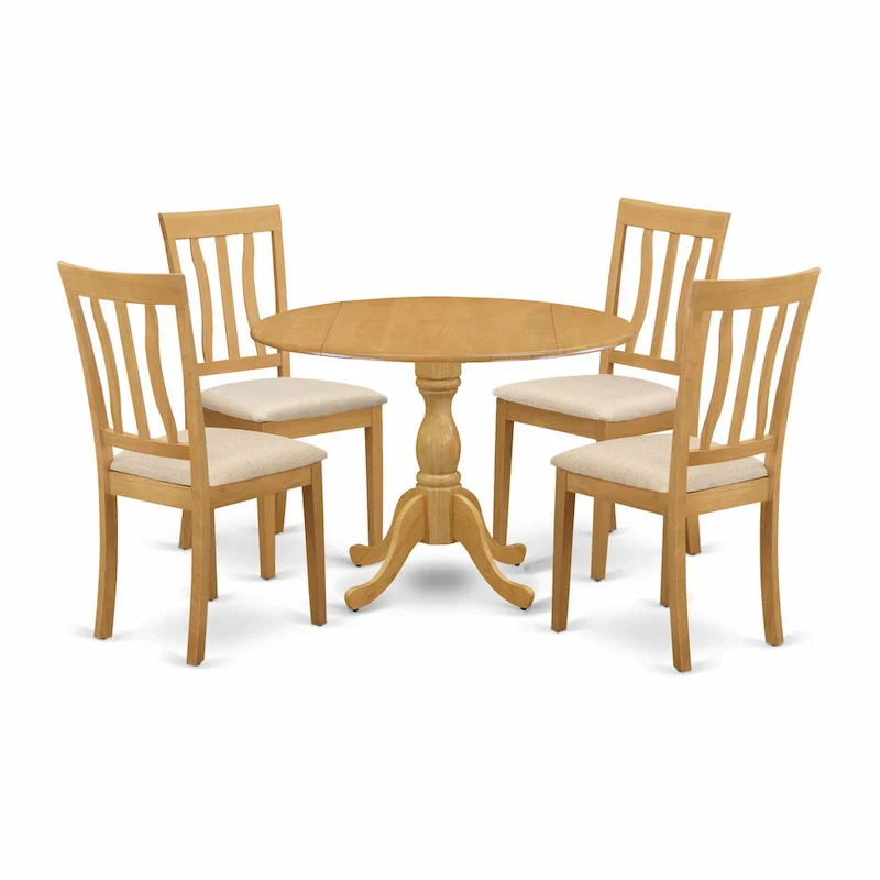 East West Furniture Kitchen Table Set- a Round Dining Room Table with Dropleaf and Linen Fabric Chairs, Oak (Pieces Option)