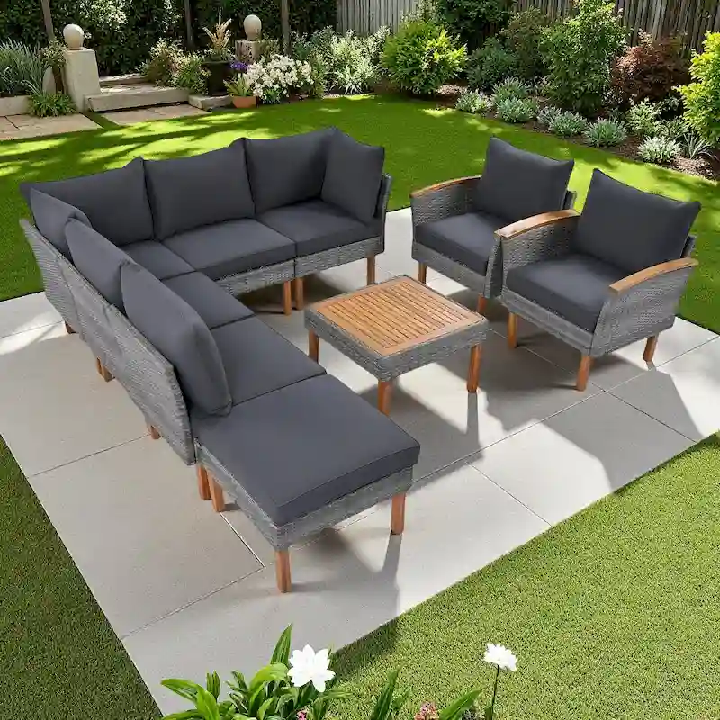 9-Pieces Outdoor PE Rattan Sectional Sofa Set with Acacia Wood Legs and Coffee Table