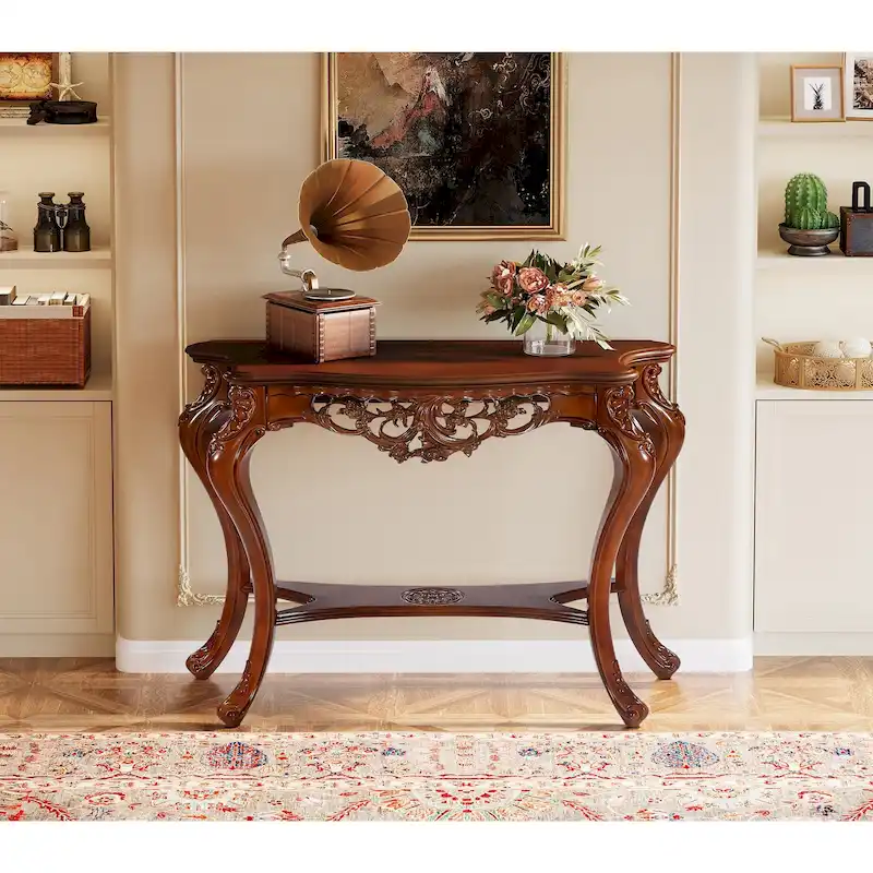 Walnut Two-Tier Carved Console Table with Lower Shelf