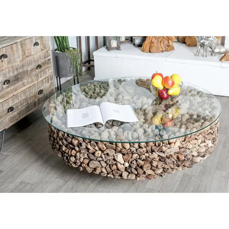 Driftwood Handmade Collage and Pedestal Base Coffee Table with Tempered Glass Top - Brown