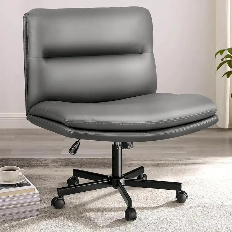 Cross Chair with Wheels,PU Leather Armless Cross Legged Office chair, Adjustable Wide Seat Task Vanity Chair