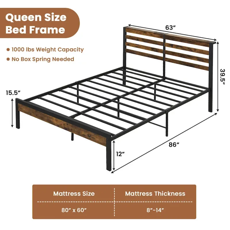 Industrial Metal Bed Frame Charging Station Mattress Foundation