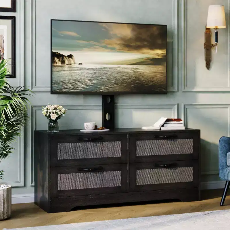 Rattan TV Stand with Mount C 4-Drawer Dresser Entertainment Center for TVs up to 70 Inch, Farmhouse Wooden Media Console