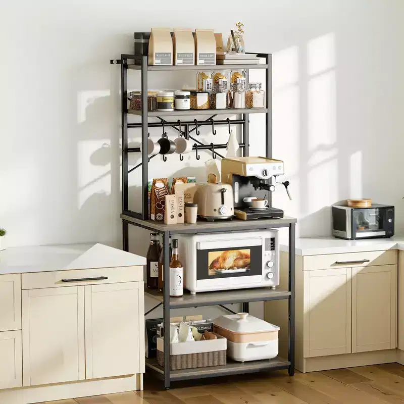 VEVOR Kitchen Bakers Rack, 23.6 inch Width Bakers Rack, Kitchen Stand with X-Shaped Support Bar, 12 S-Shaped Hooks, Black&Brown