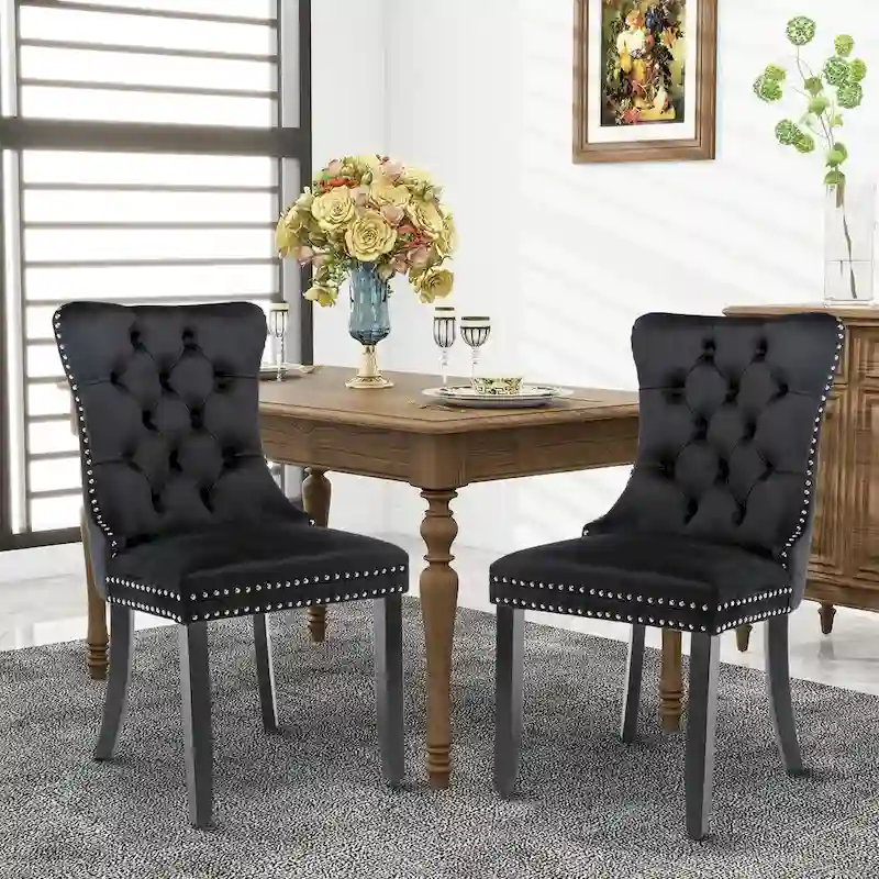 Velvet Dining Chairs, Tufted Solid Wood Armless Chairs Accent Chair with Nailhead Trim and Back Ring Pull