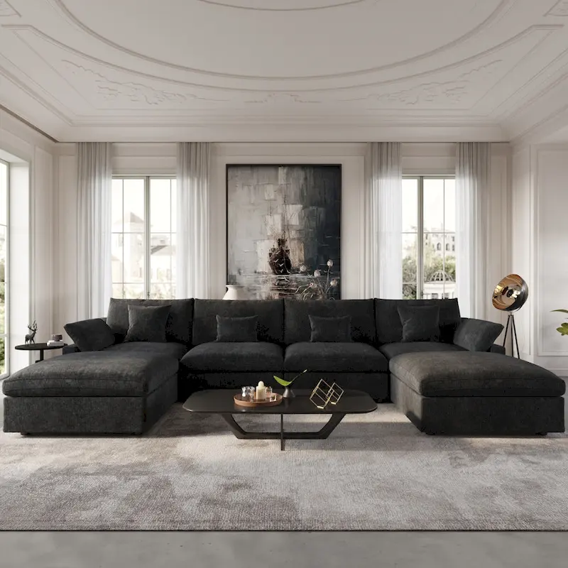Black Commix Down Filled Overstuffed Sectional Sofa with Ottoman
