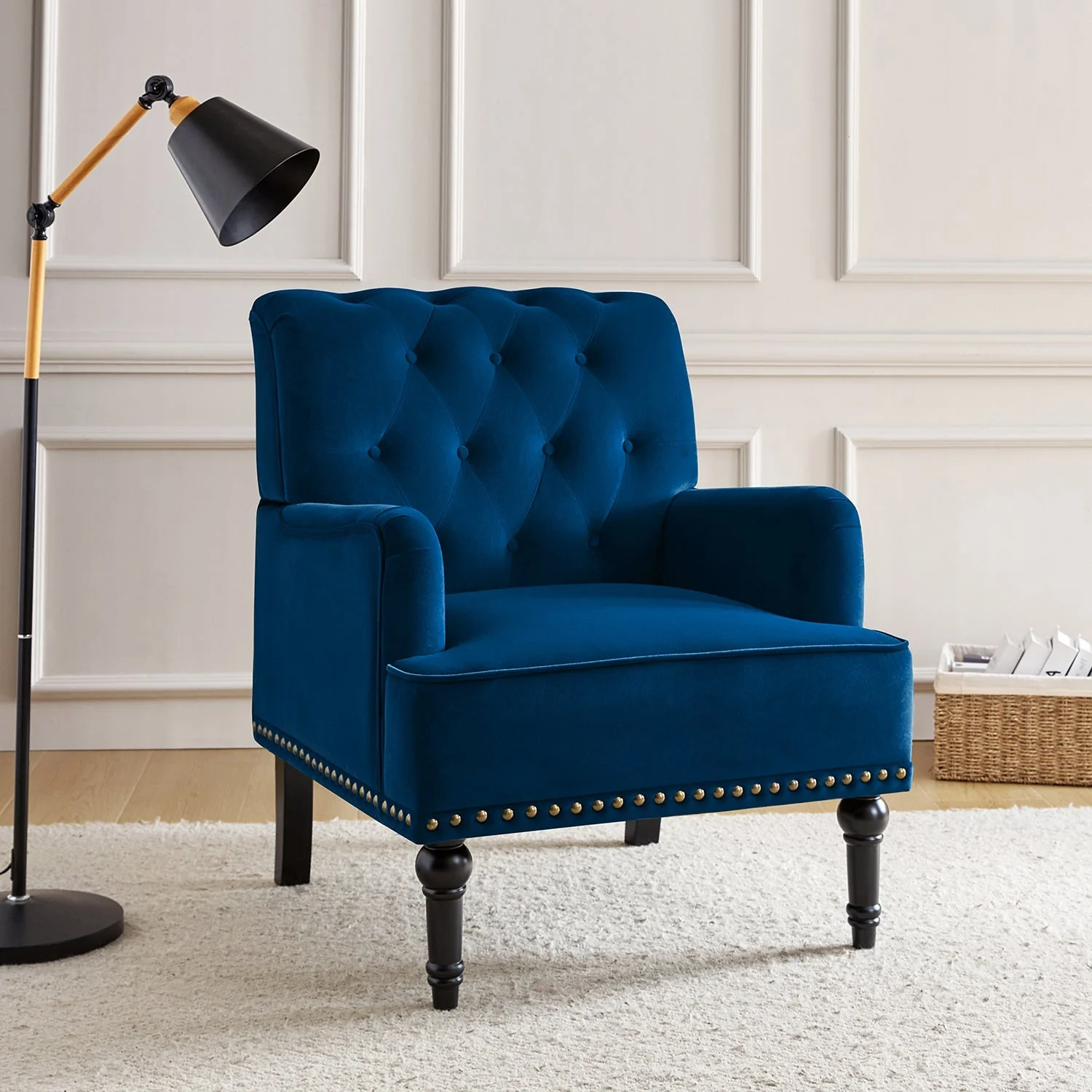 Velvet Armchair with Foam Fill & Carved Black Solid Wood Legs | Navy / Teal / Fuchsia / Green | Single Seat