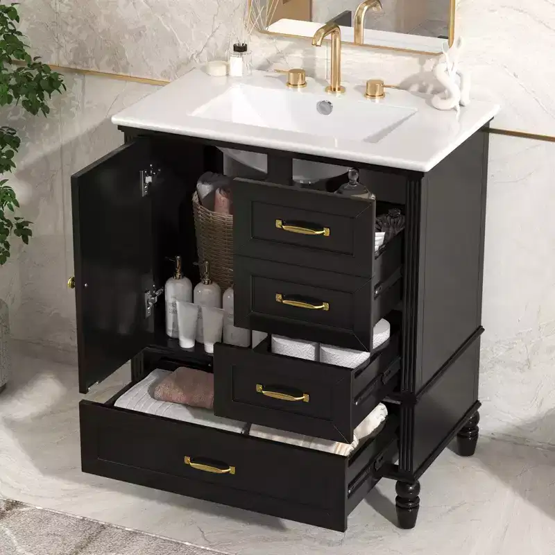 30 Small Bathroom Vanity Sink Combo with Storage , Wood Bathroom Floor Cabinet with Drawers and Door