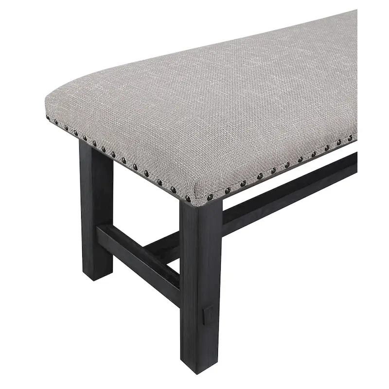 OS Home and Office Furniture Callen Bench with Antique Grey Frame and Antique Bronze Nailhead Trim in Grey Fabric
