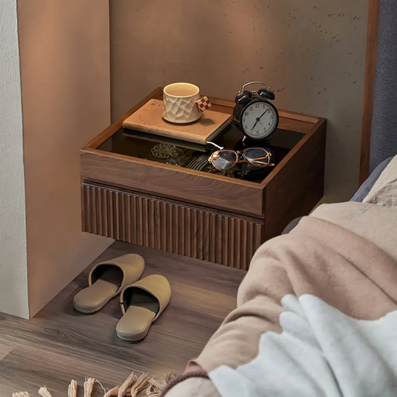 Modern Glass Top Walnut Floating Nightstand with Drawers