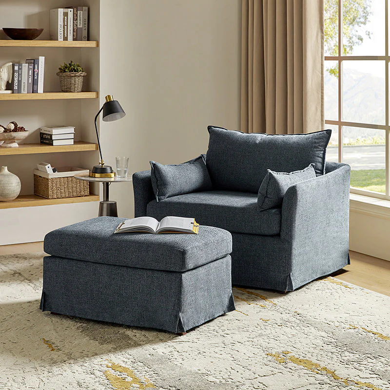 Polyester Slipcovered Oversized Armchair with Ottoman, Reversible Cushion & Locking Rear Wheels | Blue / Ivory / Grey | 1.5-Seat