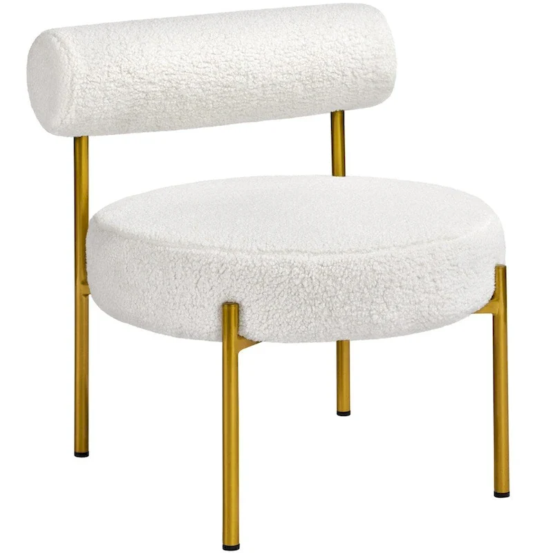 Boucle Gold Metal Legs Accent Chair with Round Padded Seat, White