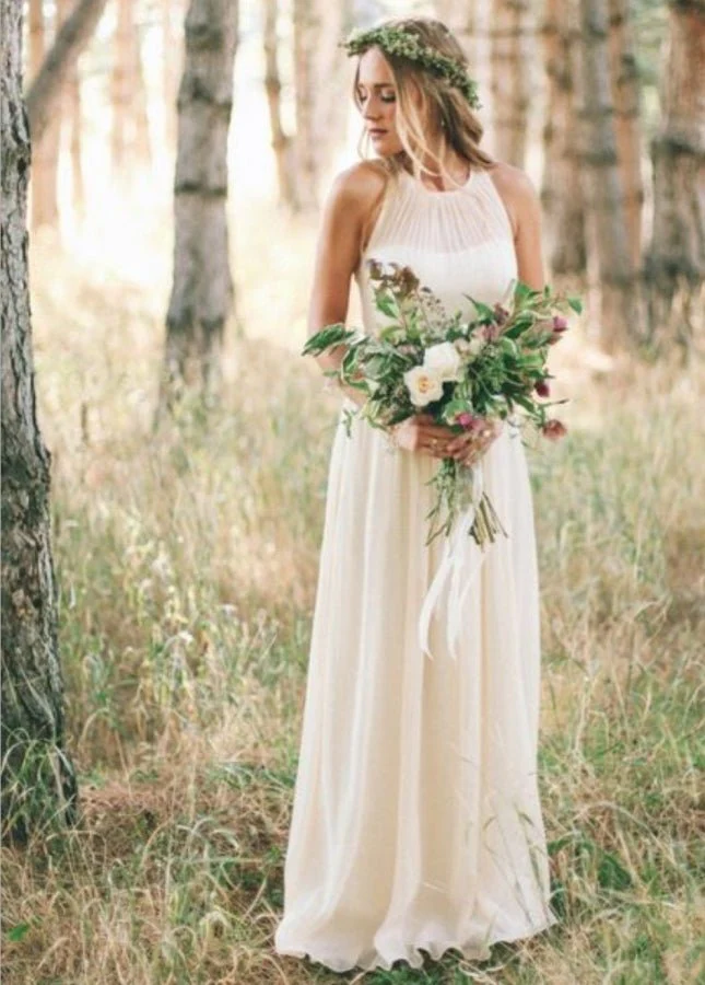 Elegant Bohemian Sleeveless Long A Line Chiffon Wedding Dresses