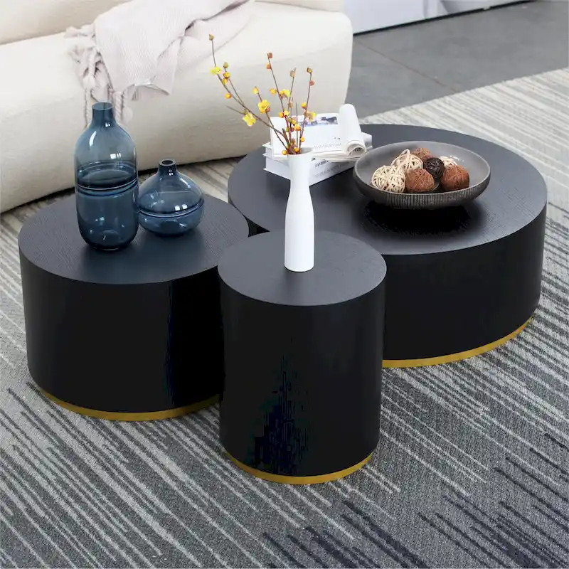 Black and Gold Round Side Table with Marble Top