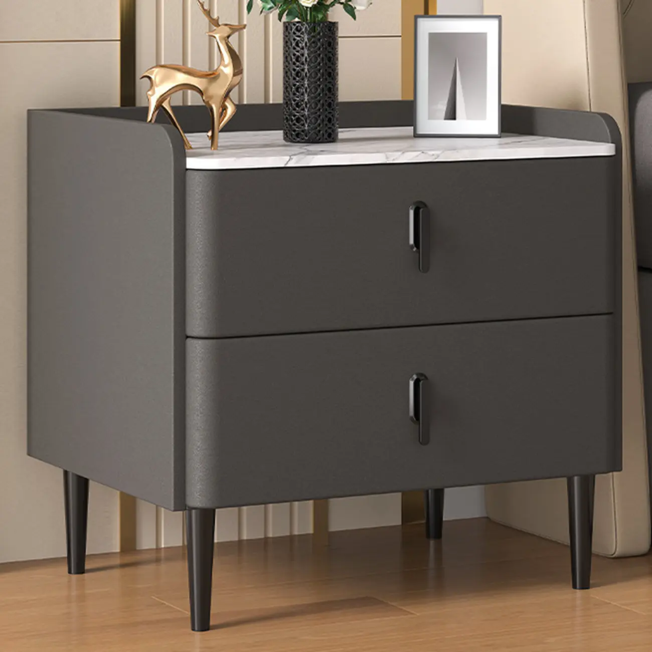 Modern Stone Top Leather Drawers Nightstand with Golden Legs