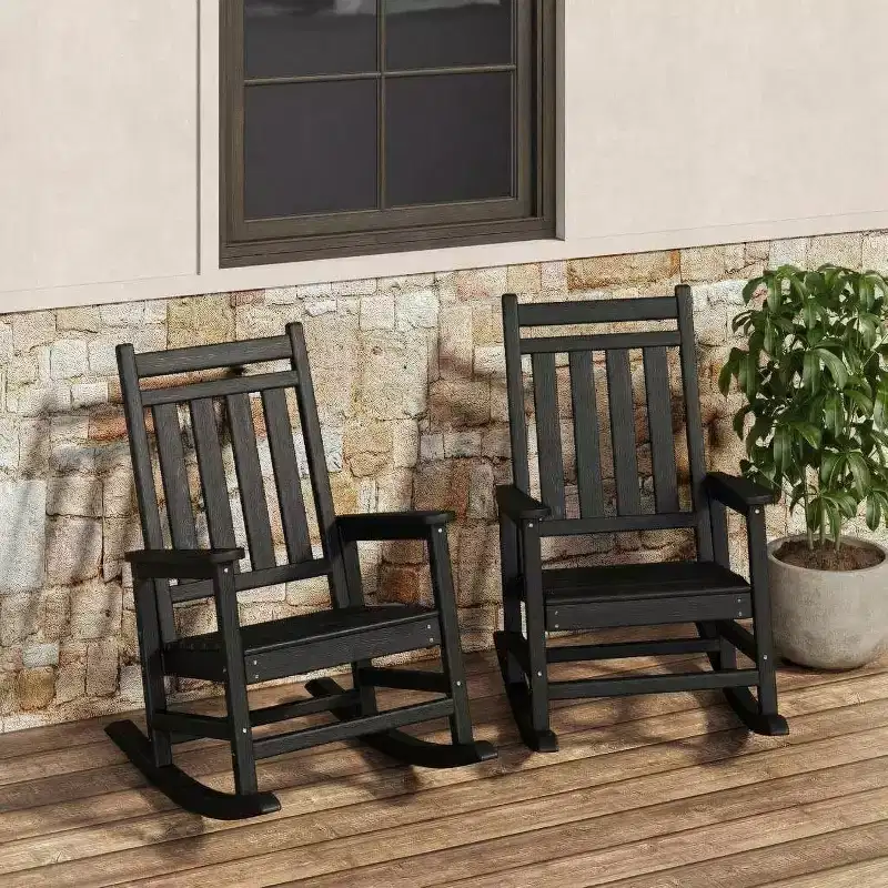 2-Piece All Weather Poly Lumber Outdoor Rocking Chairs, HDPE High Back Porch Rockers for Adults, Weather Resistant Patio Furniture