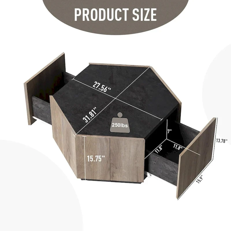 Hexagonal Coffee Table, Scratch Resistant Center Table with Drawers