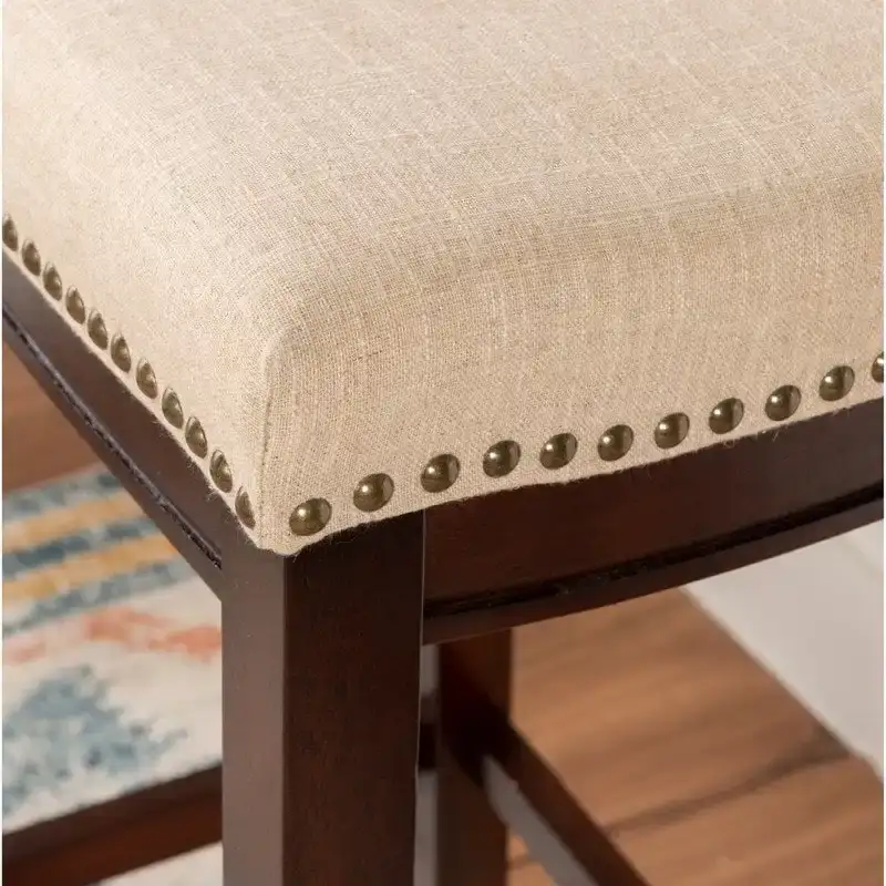 Beige Linen Backless Bar Stool with Nailhead Trim