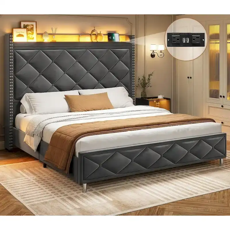 LED Bed Frame with 51.2  Tall Headboard Charging Station