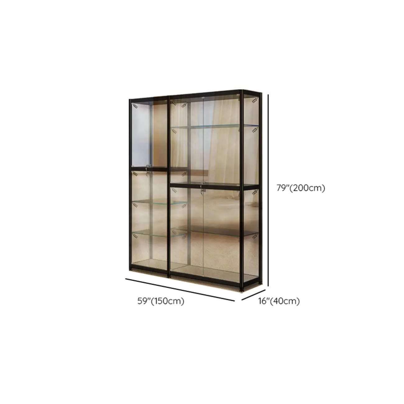 Modern Black Clear Glass LED Adjustable Display Cabinet