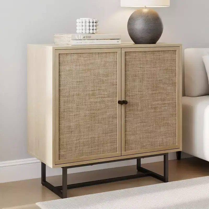Wood and Rattan Storage Cabinet with Doors, 31.5 Wide 2-Tier Organizer Shelf, Freestanding Pantry Cabinet
