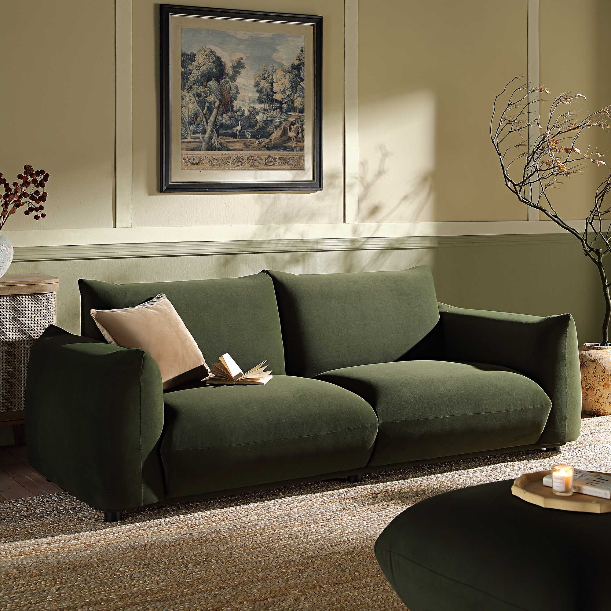 Three Seater Sofa, Moss Green Velvet