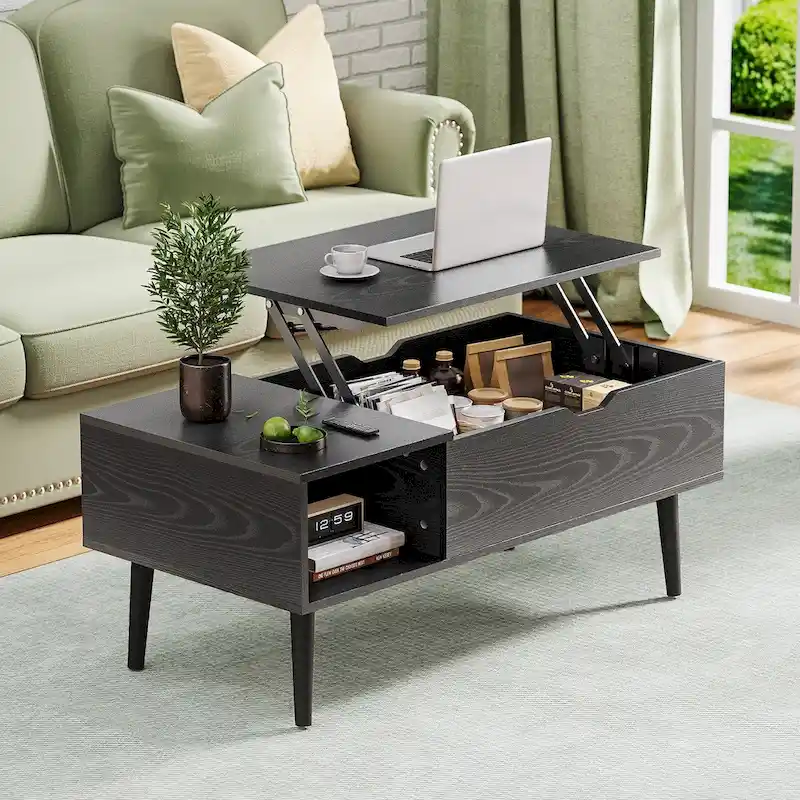 Black / Brown Lift Top Coffee Table with Hidden Storage — 1-Person Use
