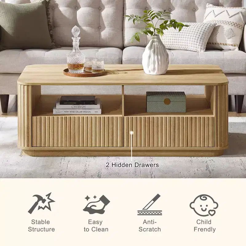 Coffee Table with Storage, 51 Fluted Wood Center Table with 2 Drawers, Large Rectangle Living Room Furniture, Modern Fluted Design