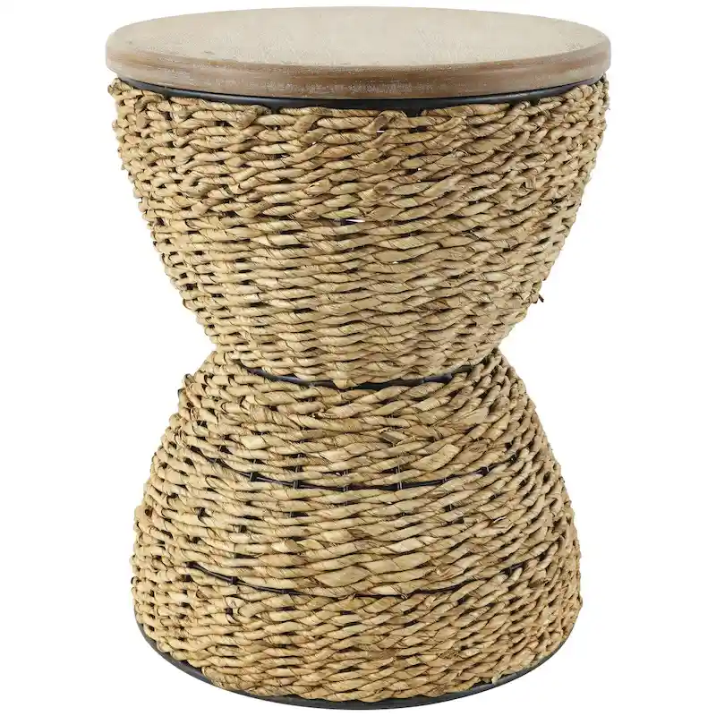 Rattan Handmade Woven Side End Accent Table, Wood Tabletop, Black Frame - Light Brown or Brown