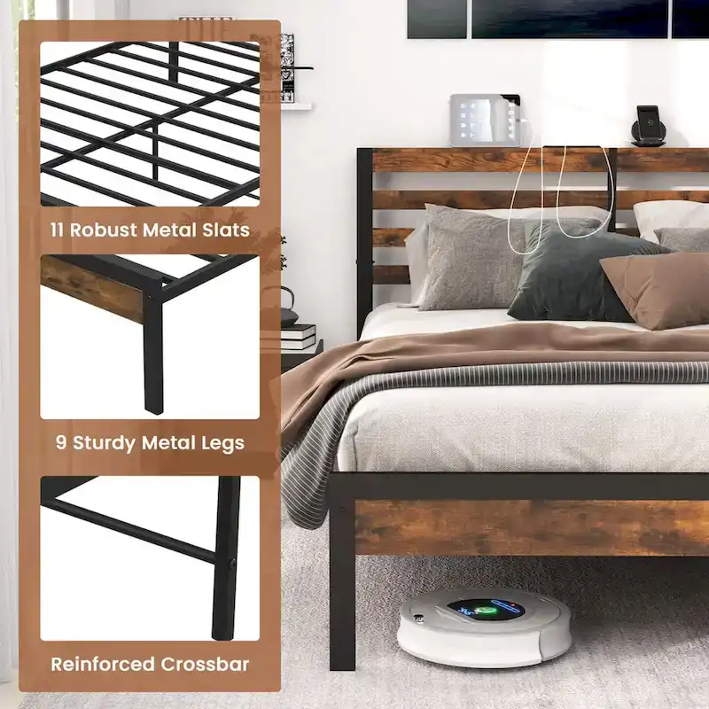 Industrial Metal Bed Frame Charging Station Mattress Foundation