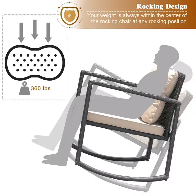 Costway 3-Piece Patio Wicker Bistro Furniture Set w/ 2 Rocking Chairs, Glass Side Table, Cushions Red/Beige
