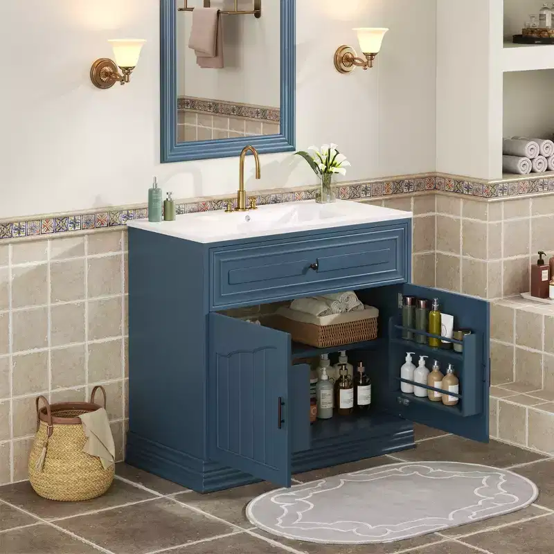36-inch luxury bathroom vanity with ceramic sink, bathroom vanity with two large soft-close doors, solid wood frame bathroom storage cabinet.