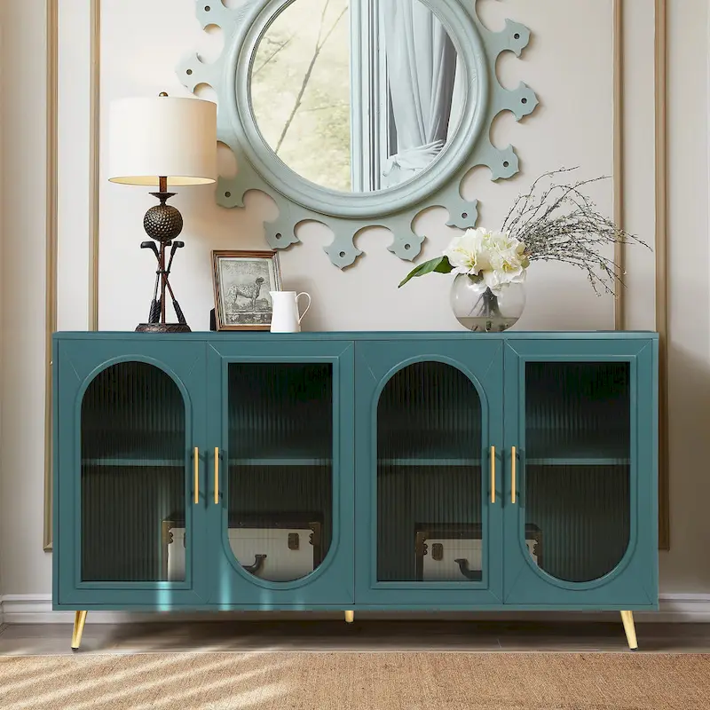 Antique Blue 4-Door TV Stand with Adjustable Shelves & Storage Cabinet